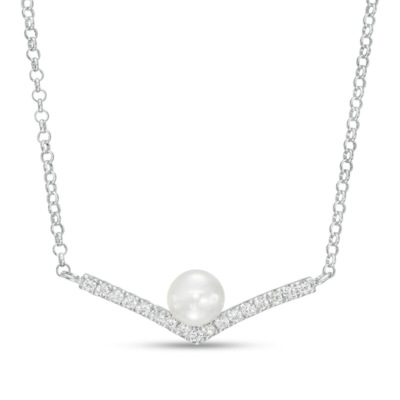 Main Image 1 of 5.0mm Button Freshwater Cultured Pearl and White Lab-Created Sapphire Chevron Necklace in Sterling Silver