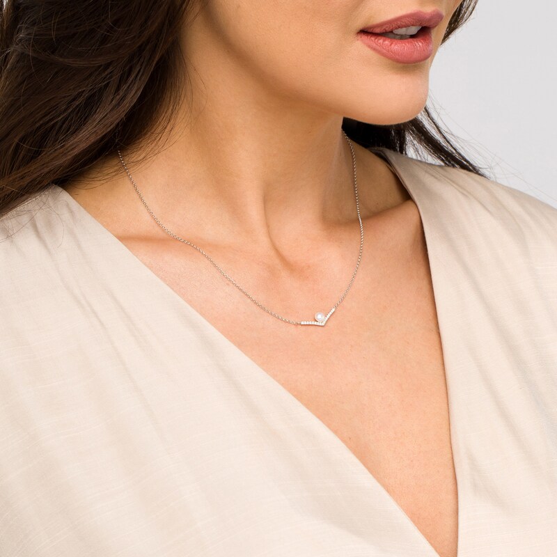 Main Image 2 of 5.0mm Button Freshwater Cultured Pearl and White Lab-Created Sapphire Chevron Necklace in Sterling Silver