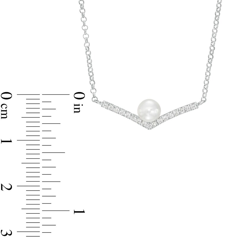 Main Image 3 of 5.0mm Button Freshwater Cultured Pearl and White Lab-Created Sapphire Chevron Necklace in Sterling Silver