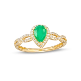 Pear-Shaped Emerald and 1/6 CT. T.W. Diamond Frame Twist Shank Ring in 10K Gold