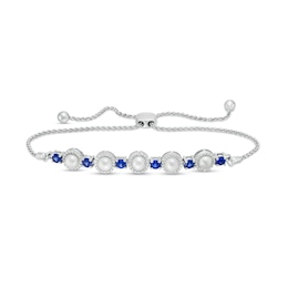 Cultured Freshwater Pearl, Blue Lab-Created Sapphire and Diamond Accent Frame Bolo Bracelet in Sterling Silver – 9.5&quot;
