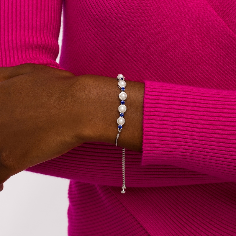 Main Image 2 of Freshwater Cultured Pearl, Blue Lab-Created Sapphire and Diamond Accent Frame Bolo Bracelet in Sterling Silver – 9.5"