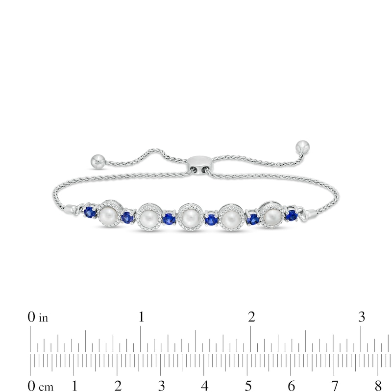 Main Image 3 of Freshwater Cultured Pearl, Blue Lab-Created Sapphire and Diamond Accent Frame Bolo Bracelet in Sterling Silver – 9.5"