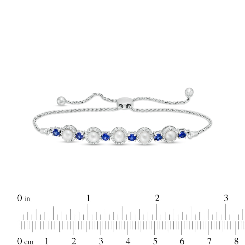 Cultured Freshwater Pearl, Blue Lab-Created Sapphire and Diamond Accent Frame Bolo Bracelet in Sterling Silver – 9.5"