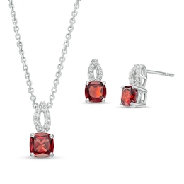 Cushion-Cut Garnet and White Lab-Created Sapphire Open Flame-Top Pendant and Stud Earrings Set in Sterling Silver