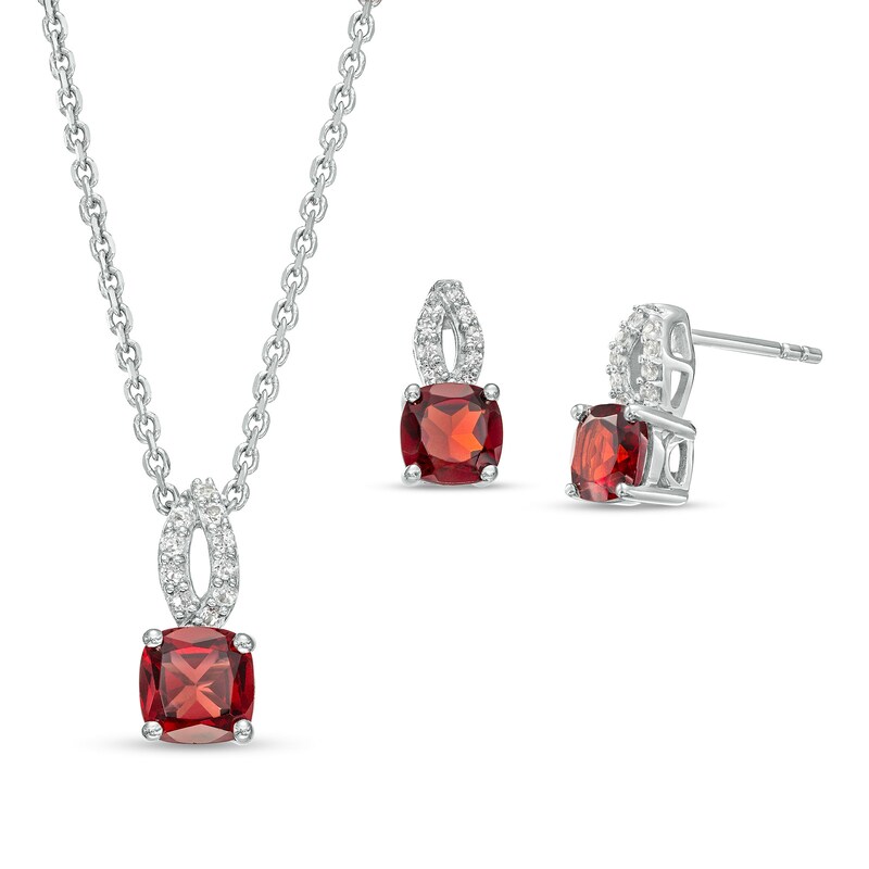 Main Image 1 of Cushion-Cut Garnet and White Lab-Created Sapphire Open Flame-Top Pendant and Stud Earrings Set in Sterling Silver