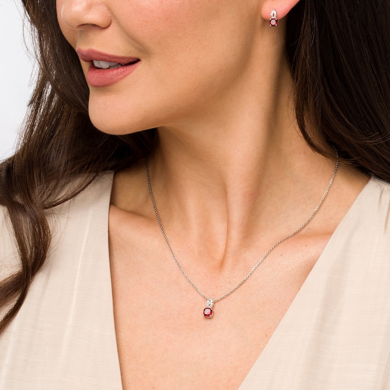 Main Image 2 of Cushion-Cut Garnet and White Lab-Created Sapphire Open Flame-Top Pendant and Stud Earrings Set in Sterling Silver