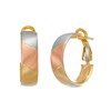 Thumbnail Image 0 of 15.0mm Multi-Finish Slant Striped Hoop Earrings in 10K Tri-Tone Gold
