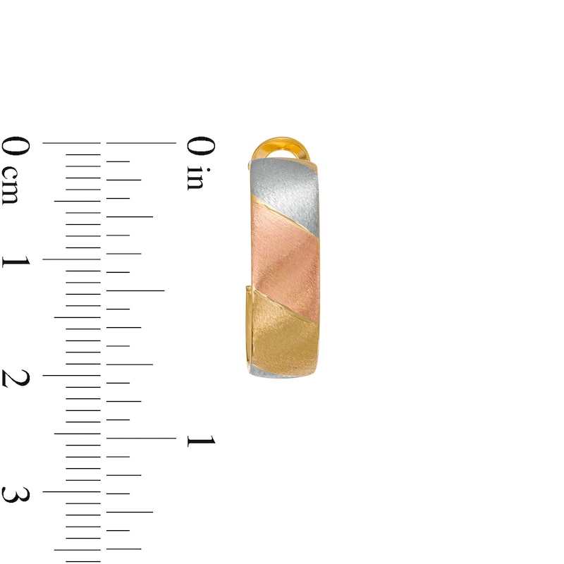 15.0mm Multi-Finish Slant Striped Hoop Earrings in 10K Tri-Tone Gold