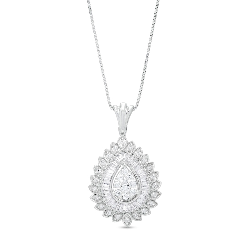 Main Image 1 of 1/2 CT. T.w. Pear-Shaped Multi-Diamond Double Frame Sunburst Pendant in 10K White Gold