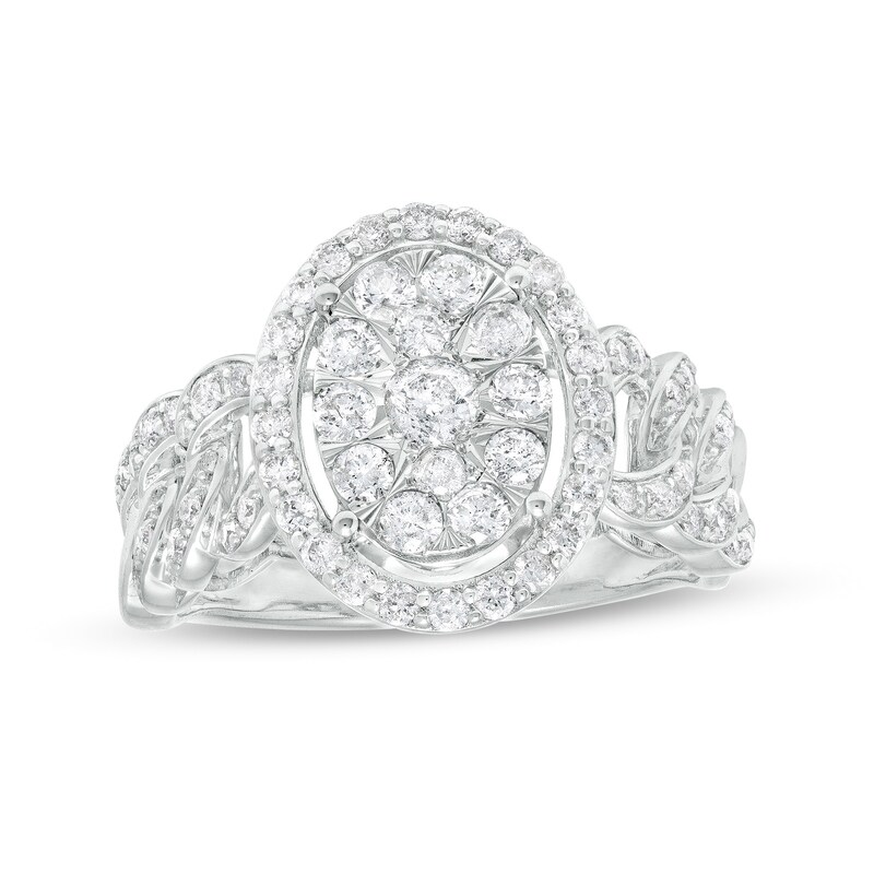 Main Image 1 of 1 CT. T.W. Oval-Shaped Multi-Diamond Frame Curb Chain Shank Ring in 10K White Gold