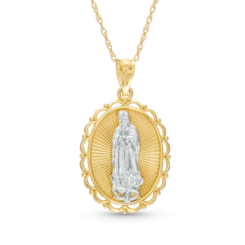 Main Image 1 of Diamond-Cut Our Lady of Guadalupe Scallop Frame Oval Pendant in 10K Two-Tone Gold