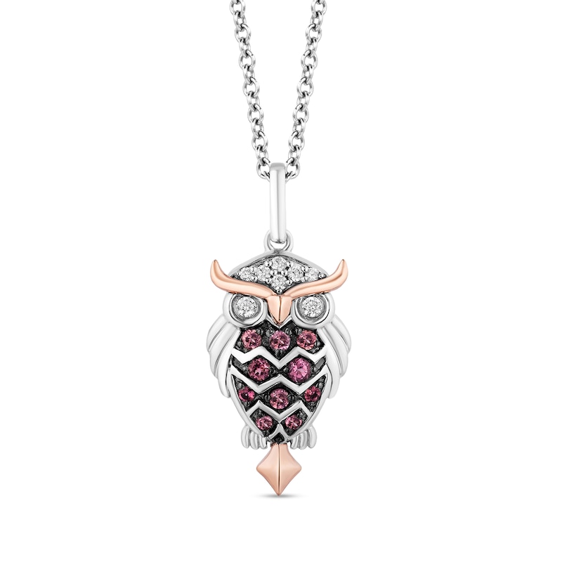 Main Image 1 of Enchanted Disney Aurora Pink Tourmaline and 1/15 CT. T.W. Diamond Owl Pendant in Sterling Silver and 10K Rose Gold