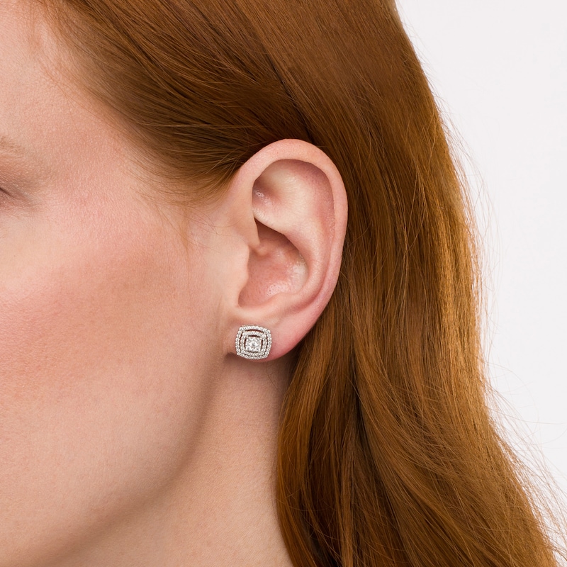 Main Image 2 of 1/2 CT. T.W. Multi-Diamond Double Cushion-Shaped Frame Stud Earrings in 10K White Gold