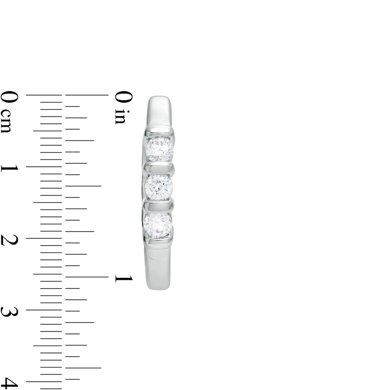 Main Image 2 of 1/5 CT. T.W. Diamond Three Stone Hoop Earrings in 10K White Gold