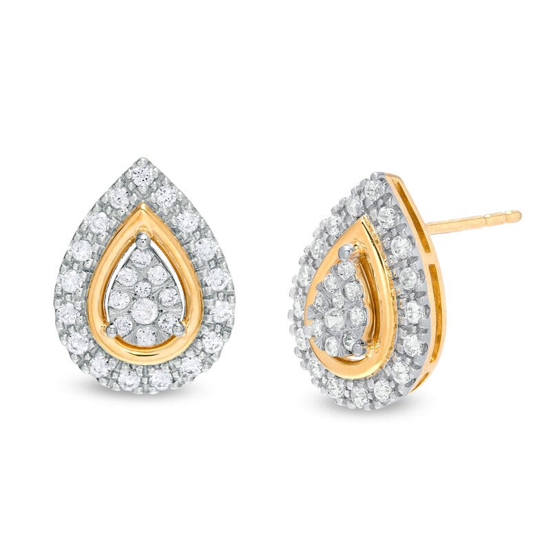 Main Image 1 of 1/2 CT. T.W. Pear-Shaped Multi-Diamond Frame Stud Earrings in 10K Two-Tone Gold