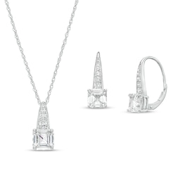 Asscher-Cut White Lab-Created Sapphire Graduated Drop Pendant and Earrings Set in Sterling Silver