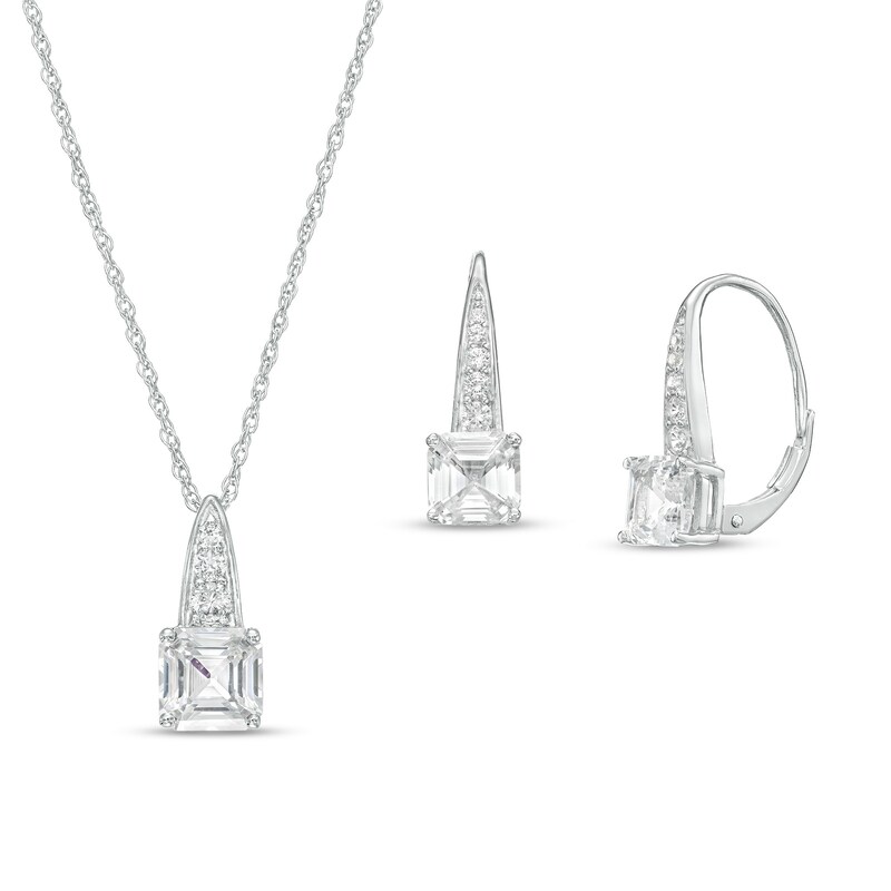 Main Image 1 of Asscher-Cut White Lab-Created Sapphire Graduated Drop Pendant and Earrings Set in Sterling Silver