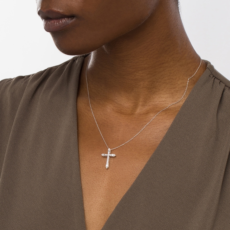 Main Image 2 of 1/4 CT. T.W. Baguette and Round Diamond Cross Pendant in 10K White Gold