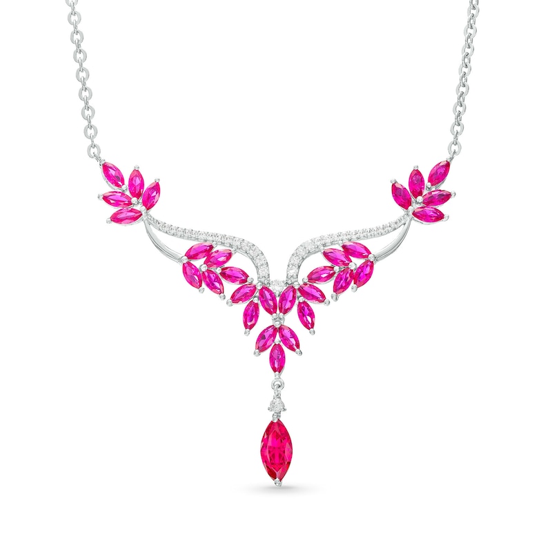 Main Image 1 of Marquise Lab-Created Ruby and White Lab-Created Sapphire Floral "Y" Necklace in Sterling Silver