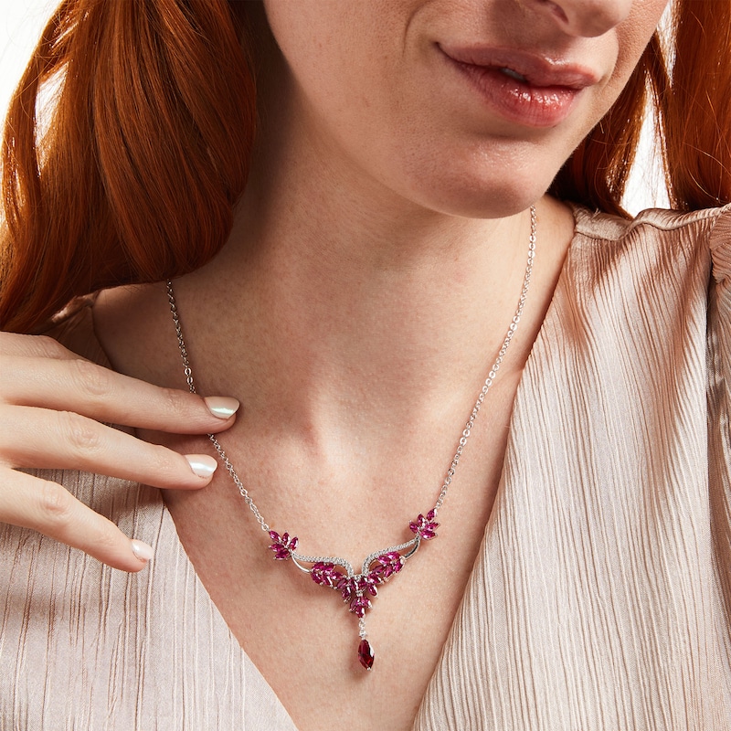 Main Image 2 of Marquise Lab-Created Ruby and White Lab-Created Sapphire Floral "Y" Necklace in Sterling Silver