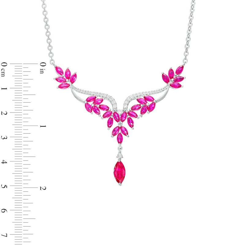 Main Image 3 of Marquise Lab-Created Ruby and White Lab-Created Sapphire Floral "Y" Necklace in Sterling Silver