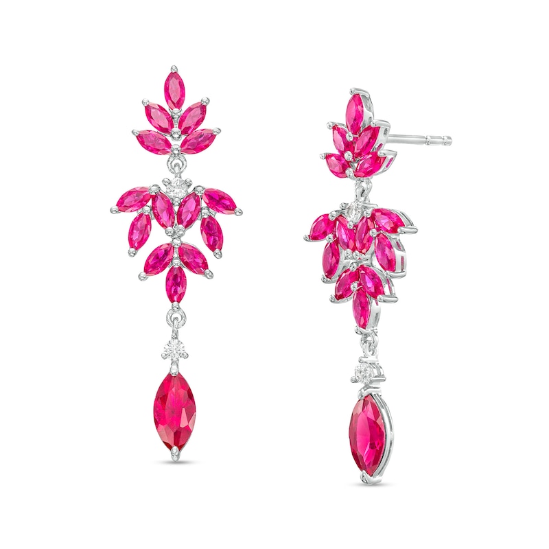 Main Image 1 of Marquise Lab-Created Ruby and White Lab-Created Sapphire Floral Triple Drop Earrings in Sterling Silver