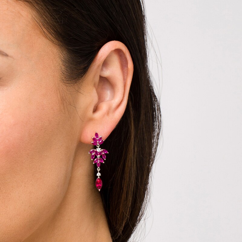 Main Image 2 of Marquise Lab-Created Ruby and White Lab-Created Sapphire Floral Triple Drop Earrings in Sterling Silver