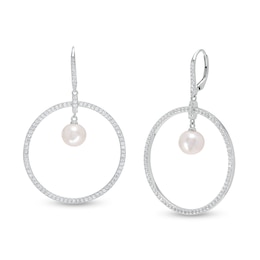 8.5-9.0mm Cultured Freshwater Pearl and White Lab-Created Sapphire Open Circle Drop Earrings in Sterling Silver