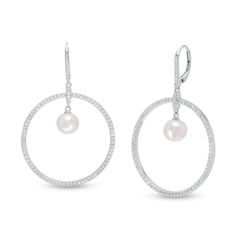 Main Image 1 of 8.5-9.0mm Freshwater Cultured Pearl and White Lab-Created Sapphire Open Circle Drop Earrings in Sterling Silver