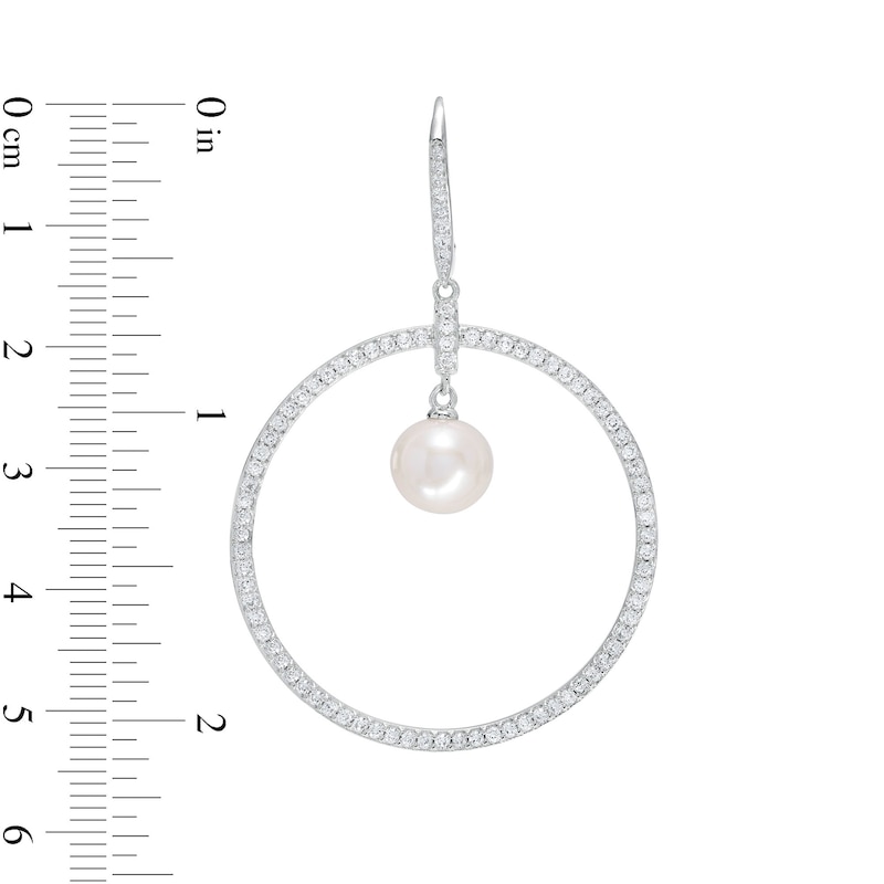 8.5-9.0mm Cultured Freshwater Pearl and White Lab-Created Sapphire Open Circle Drop Earrings in Sterling Silver