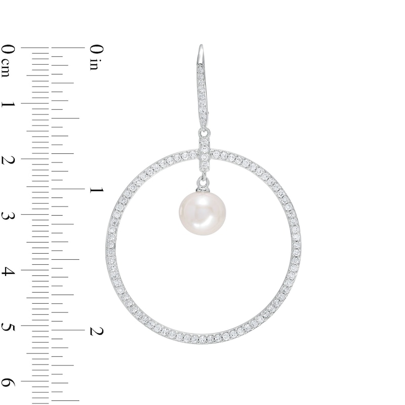 Main Image 3 of 8.5-9.0mm Freshwater Cultured Pearl and White Lab-Created Sapphire Open Circle Drop Earrings in Sterling Silver