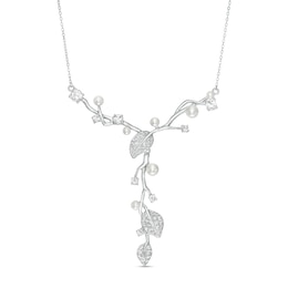 Cultured Freshwater Pearl and White Lab-Created Sapphire Vine &quot;Y&quot; Necklace in Sterling Silver