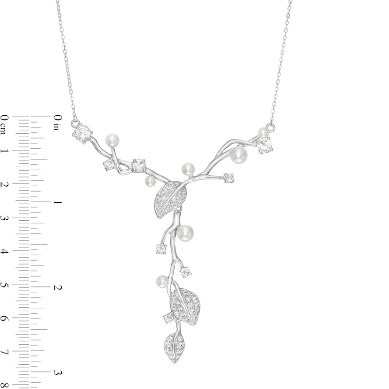 Cultured Freshwater Pearl and White Lab-Created Sapphire Vine "Y" Necklace in Sterling Silver