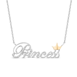 Enchanted Disney Princess 1/10 CT. T.W. Diamond &quot;Princess&quot; with Crown Necklace in Sterling Silver and 10K Gold