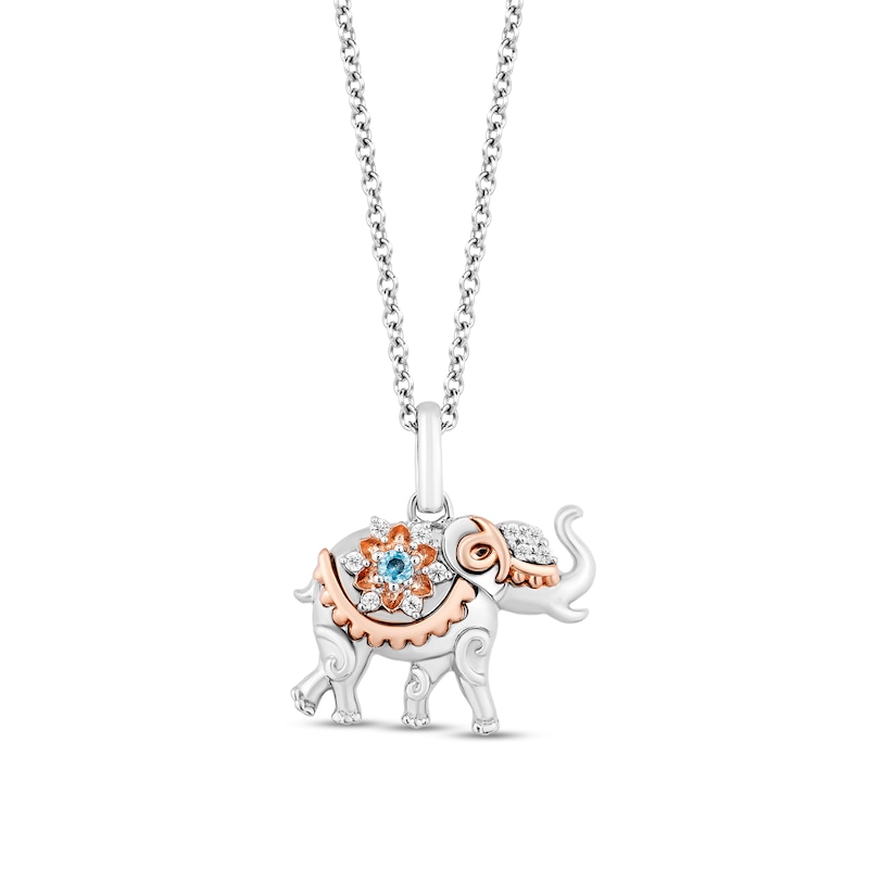 Main Image 1 of Enchanted Disney Jasmine Blue Topaz and 1/20 CT. T.W. Diamond Elephant Pendant in Sterling Silver with 10K Rose Gold