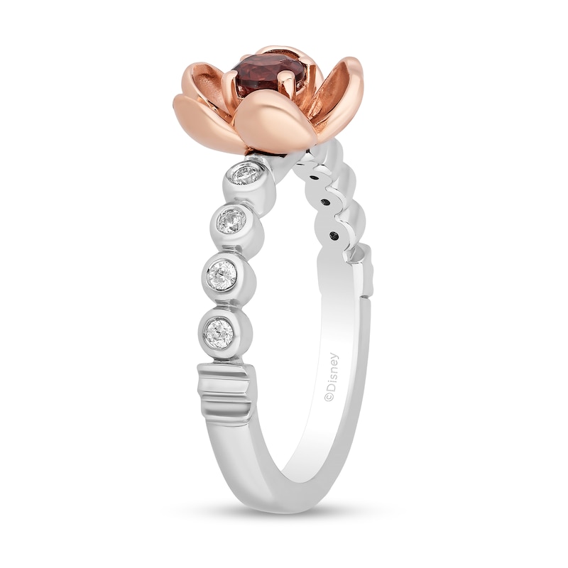 Enchanted Disney Snow White Garnet and 1/10 CT. T.W. Diamond Flower Ring in Sterling Silver and 10K Rose Gold - Size 7