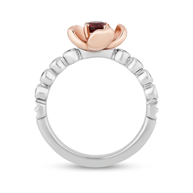 Enchanted Disney Snow White Garnet and 1/10 CT. T.W. Diamond Flower Ring in Sterling Silver and 10K Rose Gold - Size 7