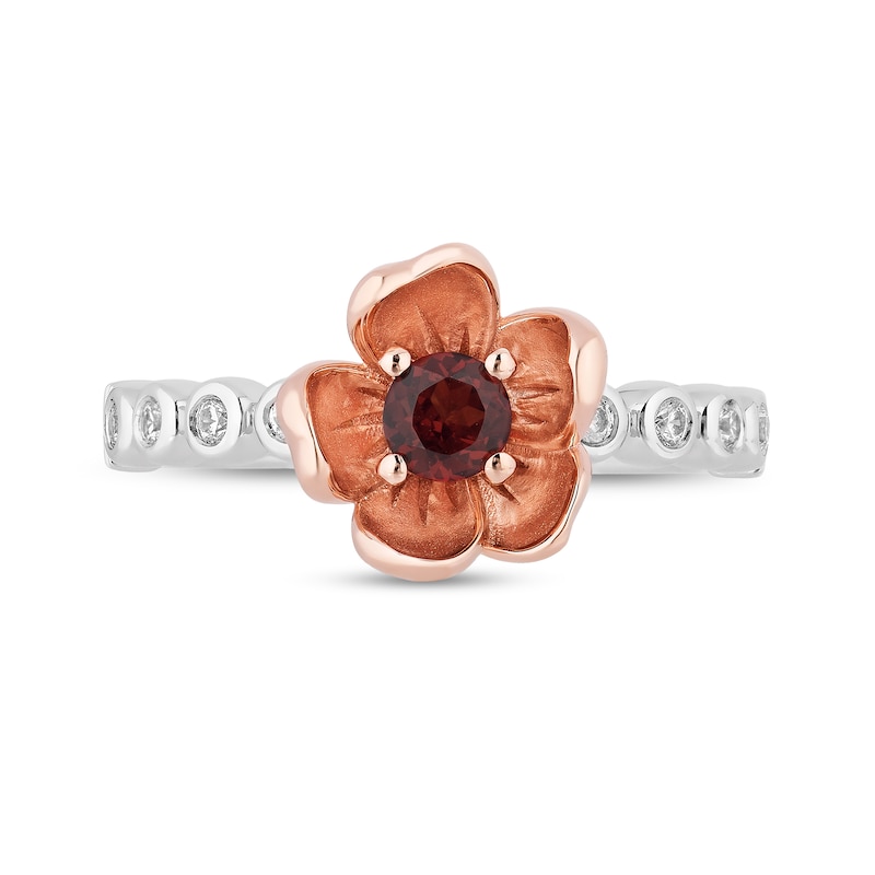 Enchanted Disney Snow White Garnet and 1/10 CT. T.W. Diamond Flower Ring in Sterling Silver and 10K Rose Gold - Size 7
