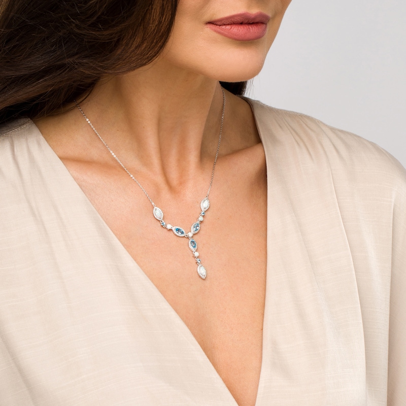 Main Image 2 of Marquise Lab-Created Opal, Swiss Blue Topaz and White Lab-Created Sapphire "Y" Necklace in Sterling Silver