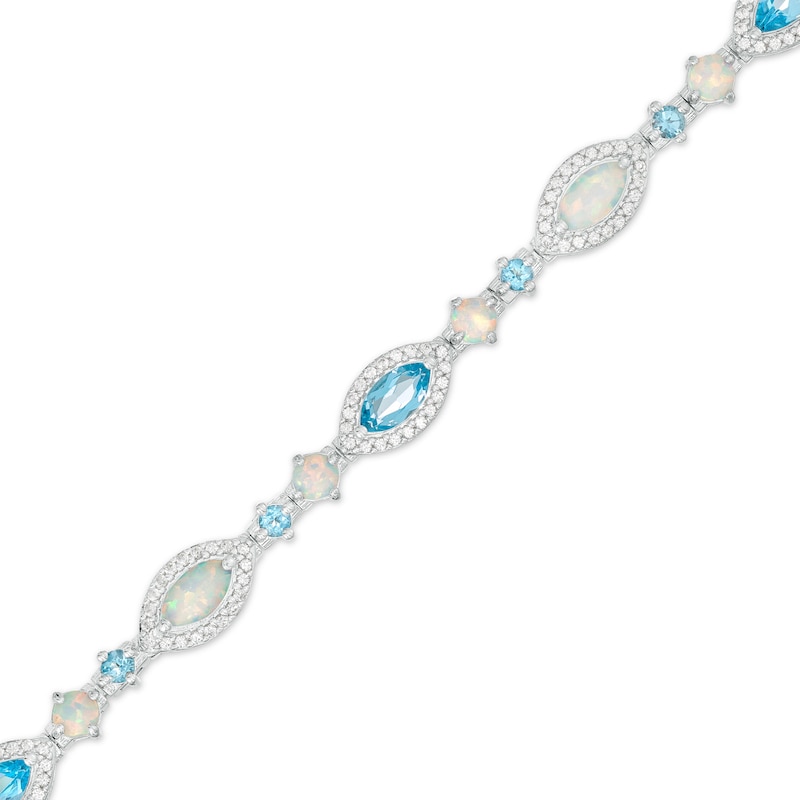Marquise Lab-Created Opal, Swiss Blue Topaz and White Lab-Created Sapphire Line Bracelet in Sterling Silver – 7.25"