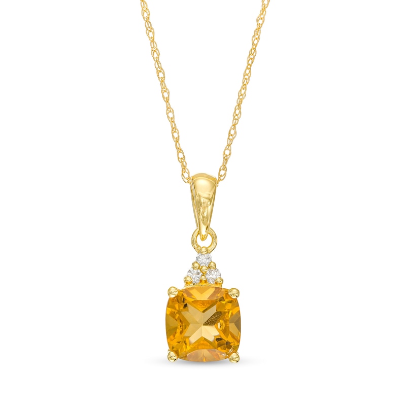 Main Image 1 of 7.0mm Cushion-Cut Citrine and 1/20 CT. T.W. Diamond Tri-Top Drop Pendant in 10K Gold