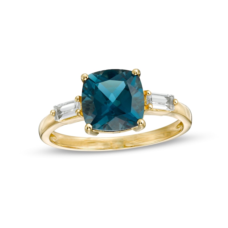 Main Image 1 of 8.0mm Cushion-Cut London Blue and White Topaz Side Accent Ring in 10K Gold