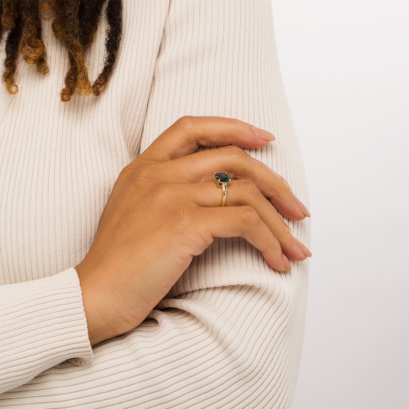 Main Image 2 of 8.0mm Cushion-Cut London Blue and White Topaz Side Accent Ring in 10K Gold