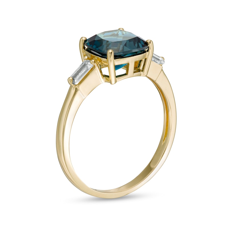 Main Image 3 of 8.0mm Cushion-Cut London Blue and White Topaz Side Accent Ring in 10K Gold