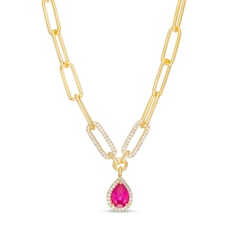 Pear-Shaped Lab-Created Ruby and White Lab-Created Sapphire Frame Necklace in Sterling Silver with 14K Gold Plate