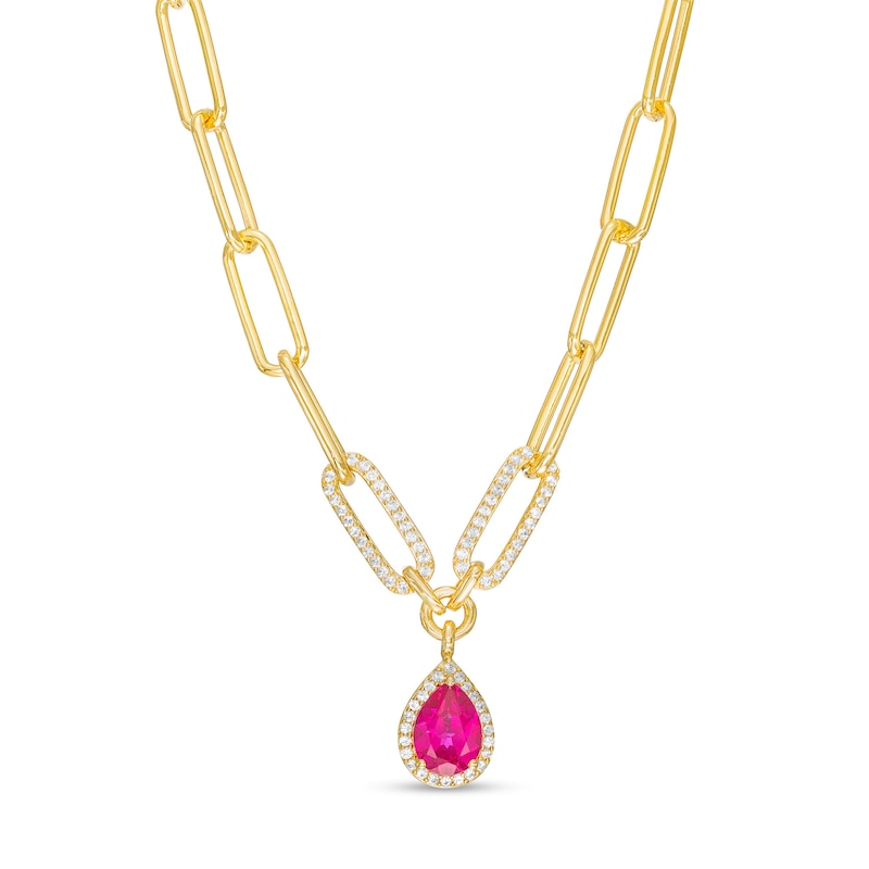 Main Image 1 of Pear-Shaped Lab-Created Ruby and White Lab-Created Sapphire Frame Necklace in Sterling Silver with 14K Gold Plate