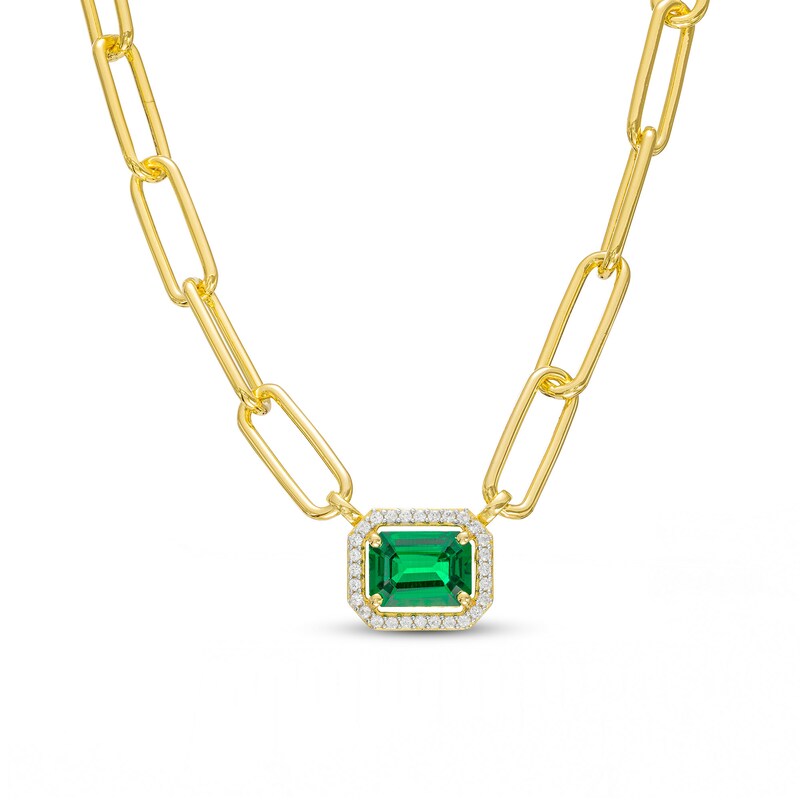 Main Image 1 of Emerald-Cut Lab-Created Emerald and White Lab-Created Sapphire Frame Necklace in Sterling Silver with 14K Gold Plate