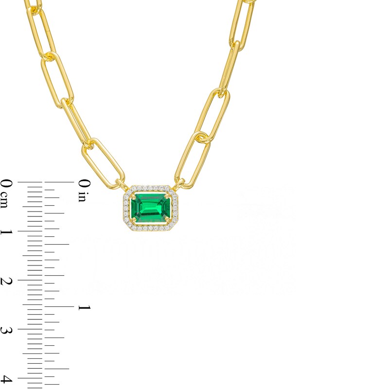 Main Image 4 of Emerald-Cut Lab-Created Emerald and White Lab-Created Sapphire Frame Necklace in Sterling Silver with 14K Gold Plate