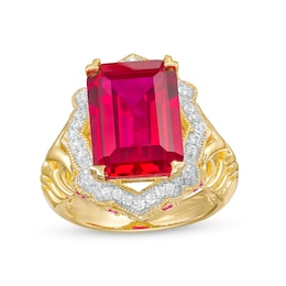 Emerald-cut Lab-Created Ruby and White Lab-Created Sapphire Vintage-Style Ring in Sterling Silver with 14K GP - Size 7